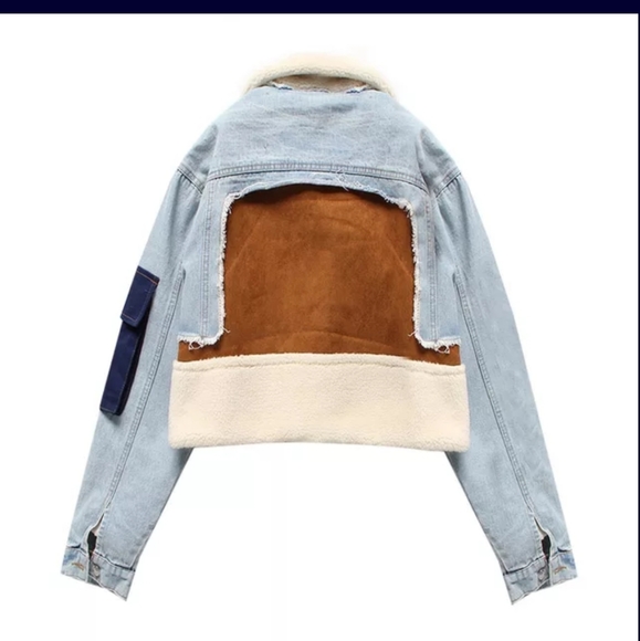 Pre-order Sale ⚠️🔜LONG SLEEVE FLEECE & DENIM PATCHWORK RELAX FIT JACKET - Picture 2 of 5